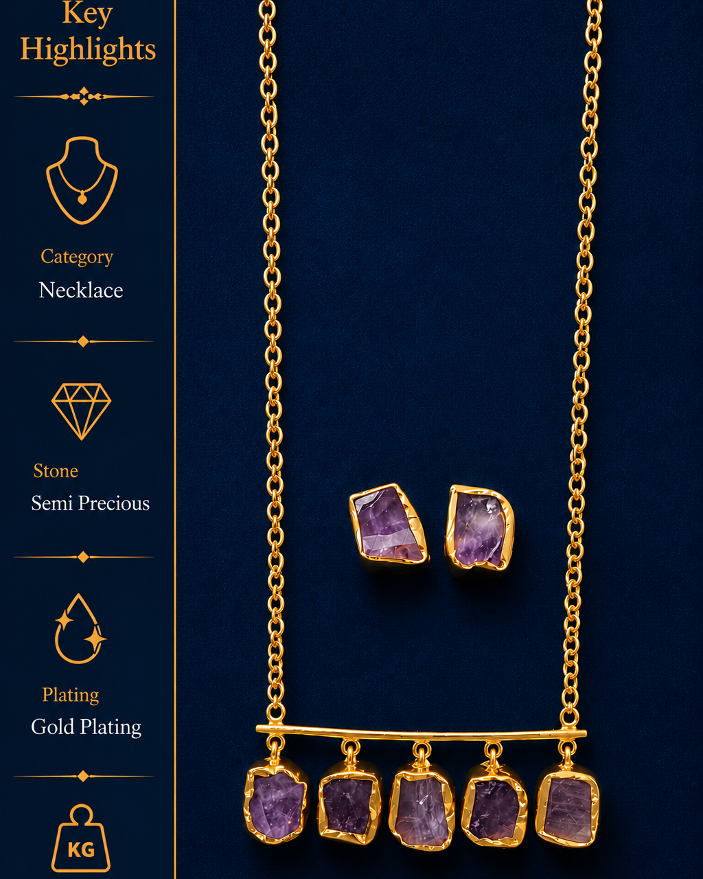 Gold necklace with purple stones on a dark blue background