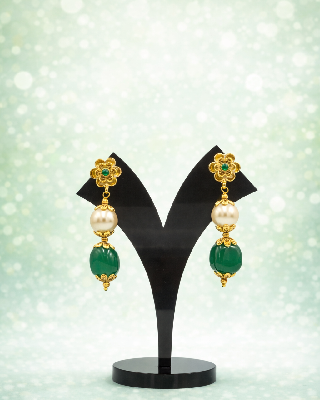 Bhuvana Antique Green Beads & Gold Gundu Necklace