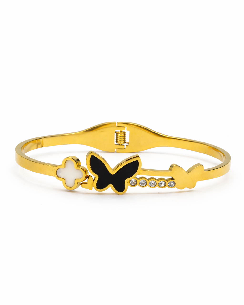 Mariposa Gold Bracelet – gold stainless steel open kada with black butterfly, white clover charm and CZ stones worn on wrist – GemofU