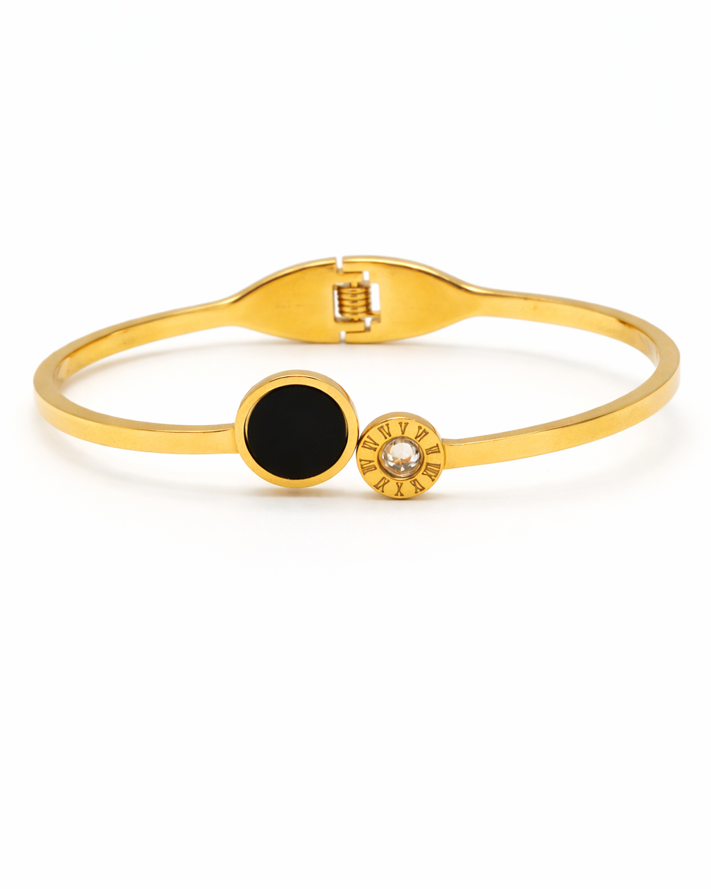 Noir Dial Bracelet – gold stainless steel open kada with black enamel disc and Roman numeral CZ charm, white background – GemofU