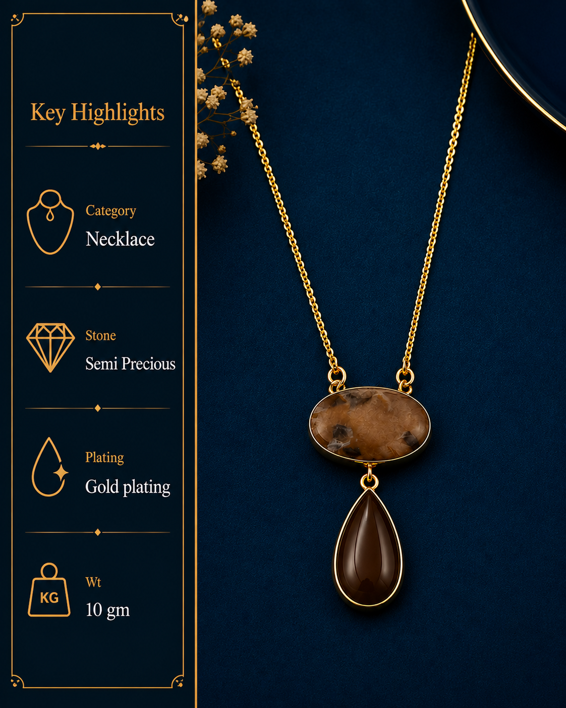 Gold necklace with brown pendant on a dark blue background