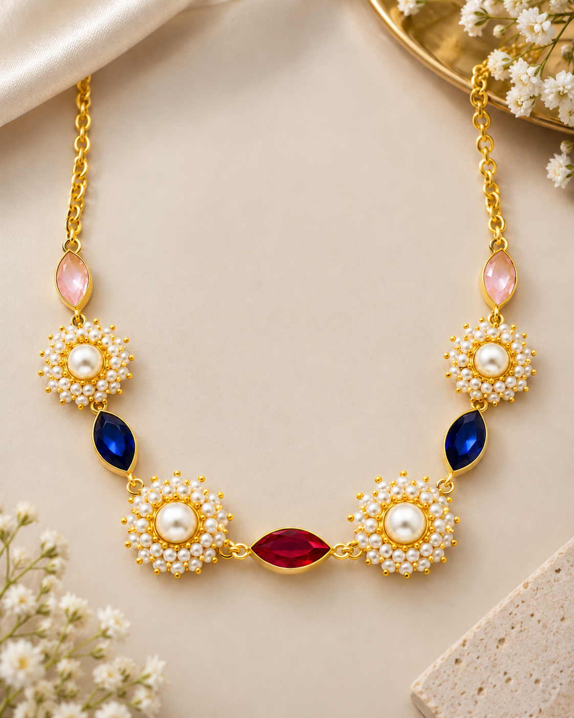 Pearl Floral Blue & Ruby Gemstone Necklace