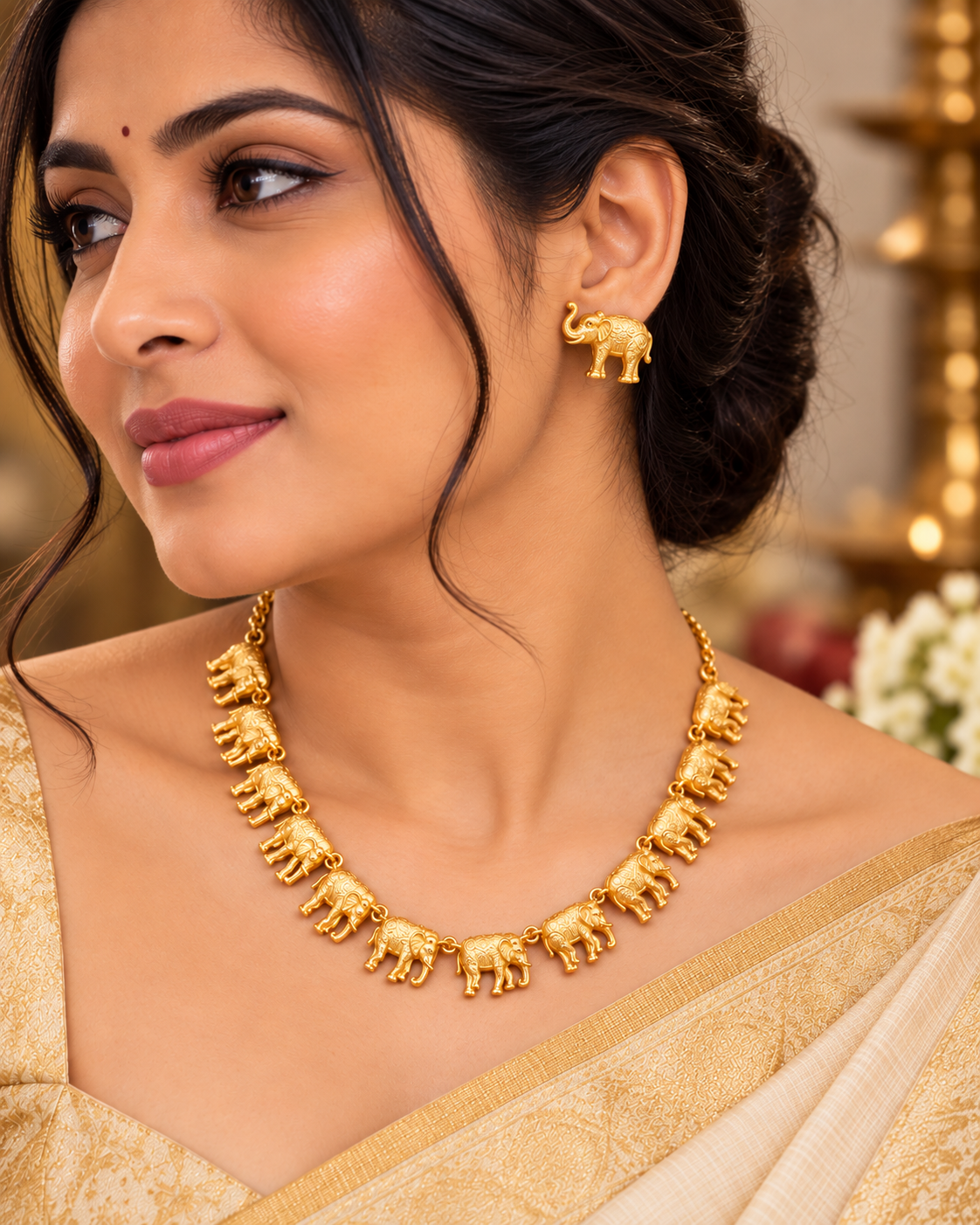 A woman wearing a gold necklace and matching gold earring, each featuring a small elephant motif, styled with a beige saree in a warm indoor setting.