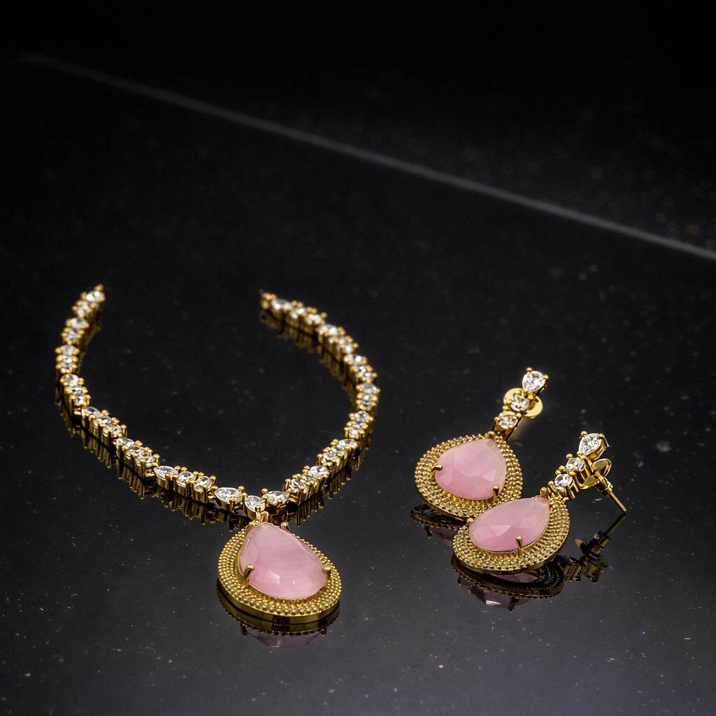 Zian Victorian Pink Halo CZ Necklace Set
