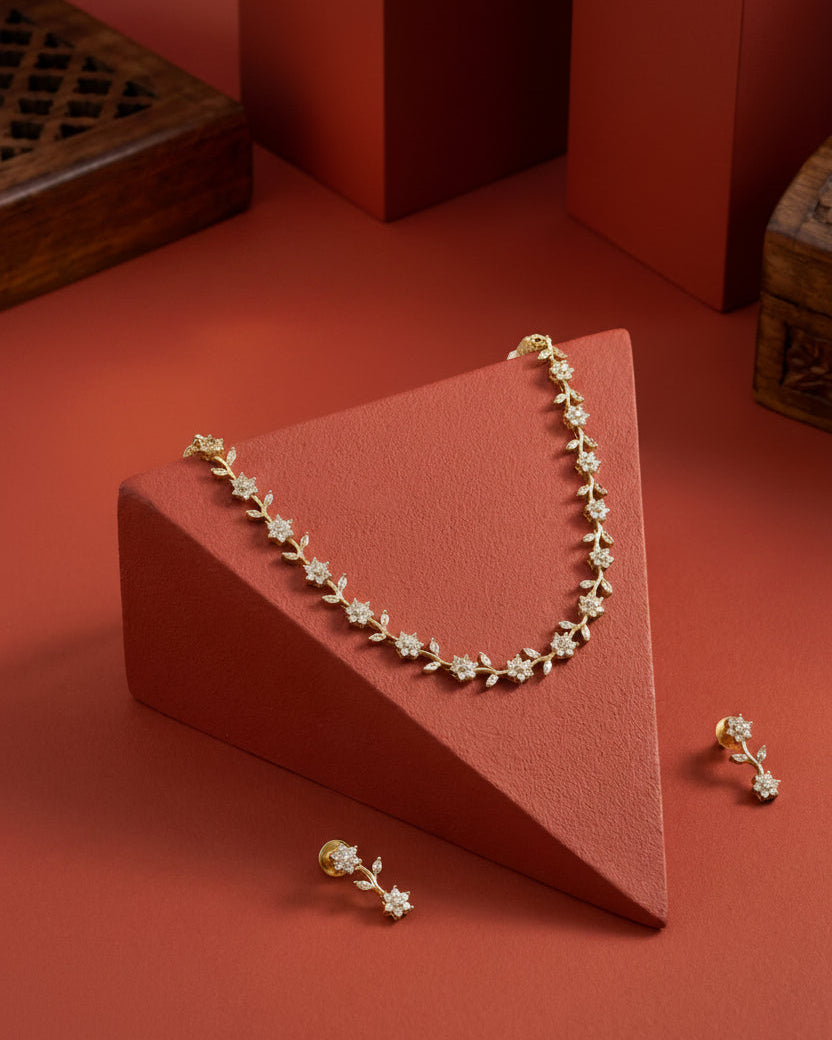 Rosh White CZ Stone Leaf & Bloom Nature -Inspired Necklace