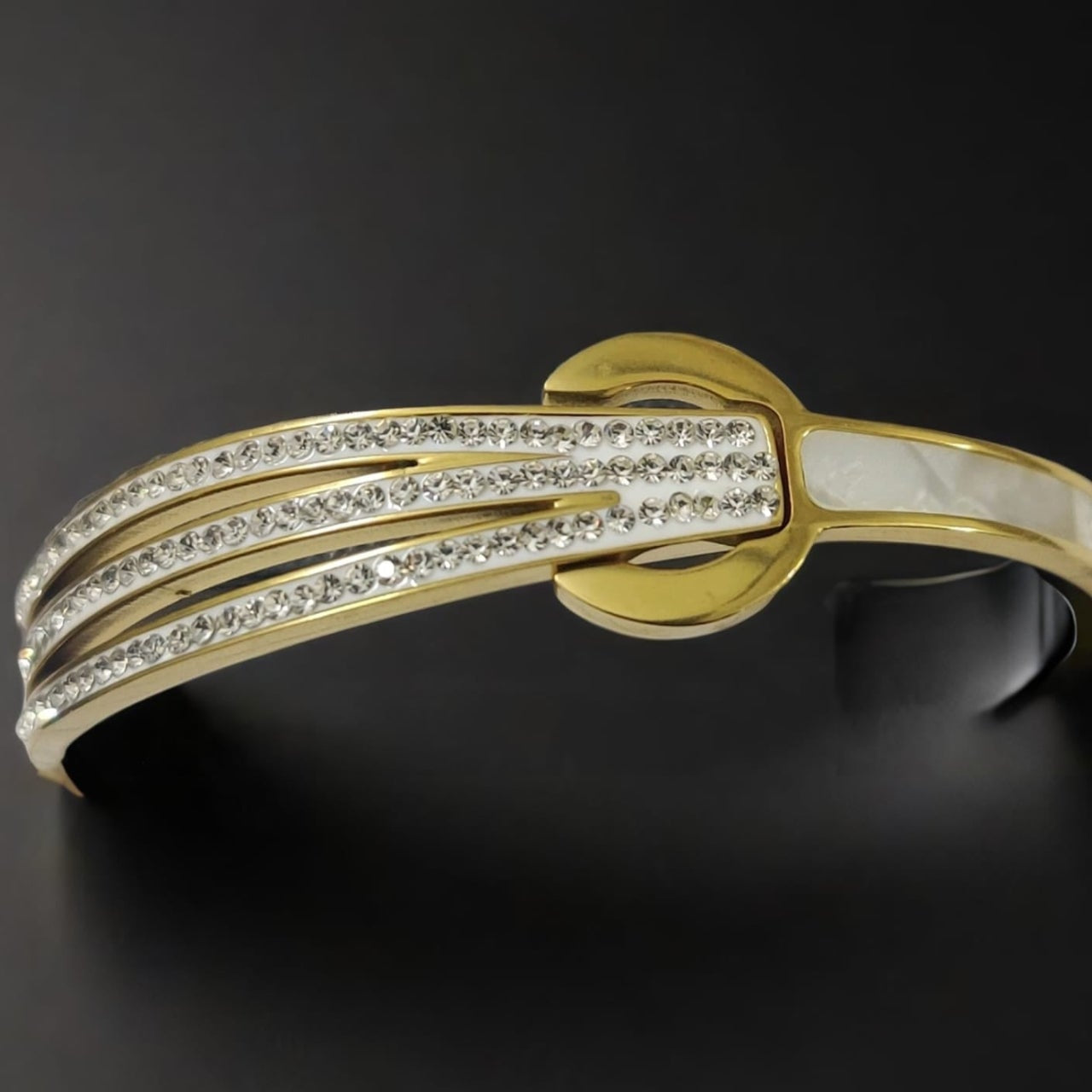 Cassia Triple Row Bracelet – gold stainless steel triple row bracelet with synthetic stones and mother of pearl, close-up detail shot – GemofU