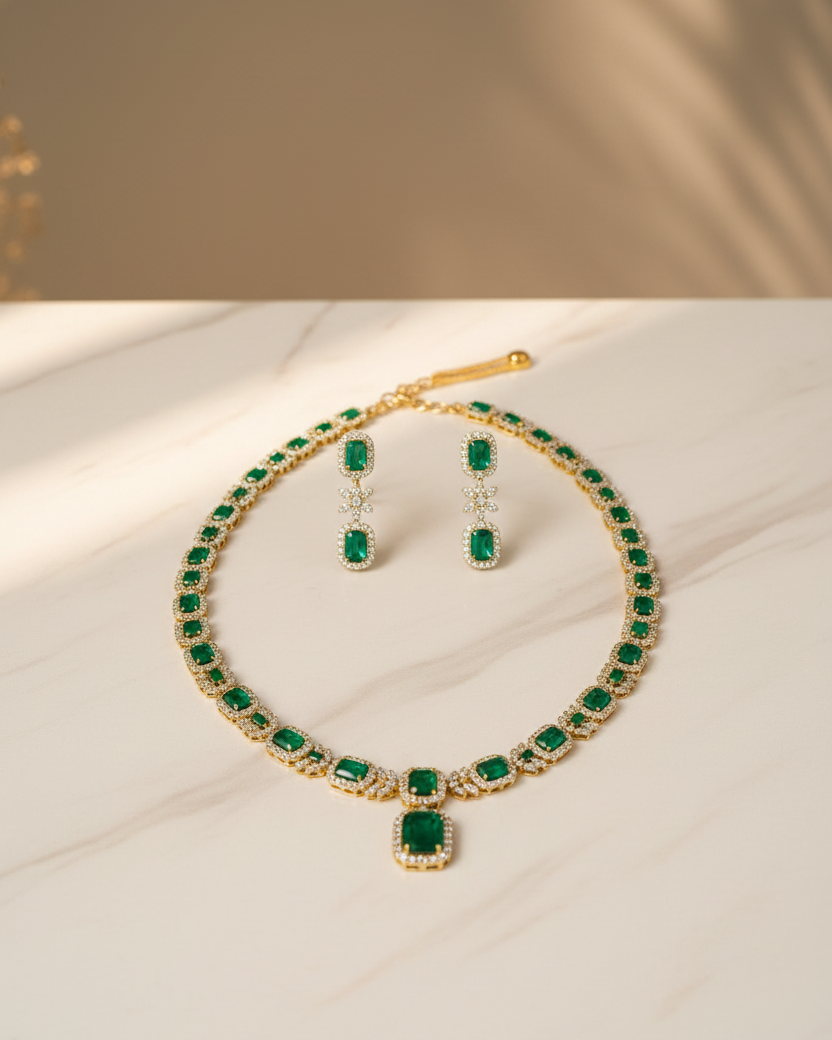 Green CZ Long Party Wear Necklace Set
