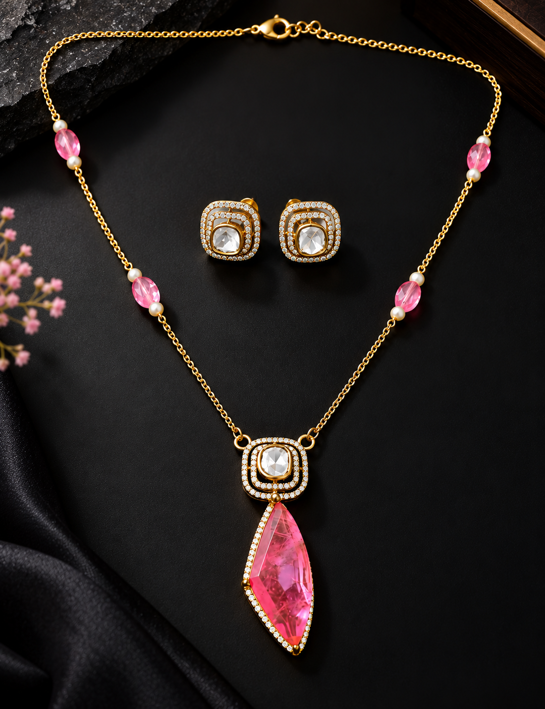 Pink Gemstone Moissanite Necklace Set