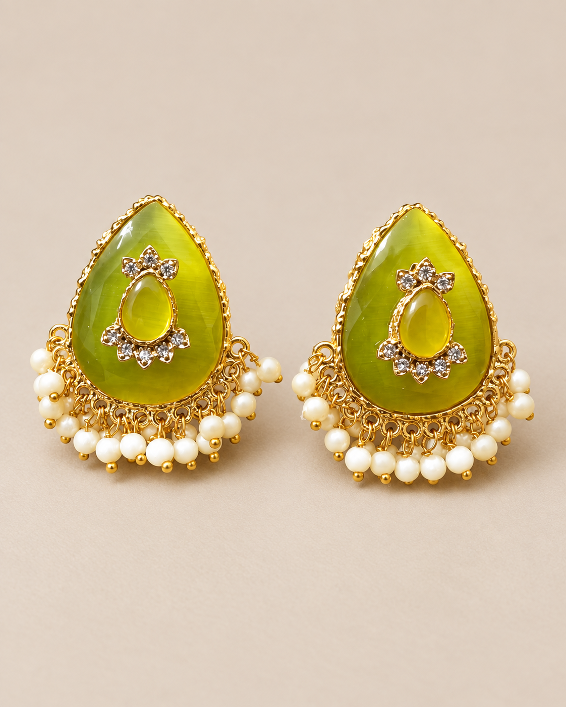 Teardrop Cabochon Pearl-Fringe Stud Earrings