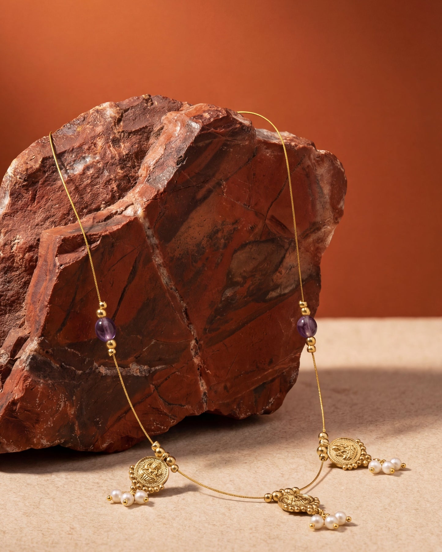 Gold necklace with purple beads on a textured surface with a brown background