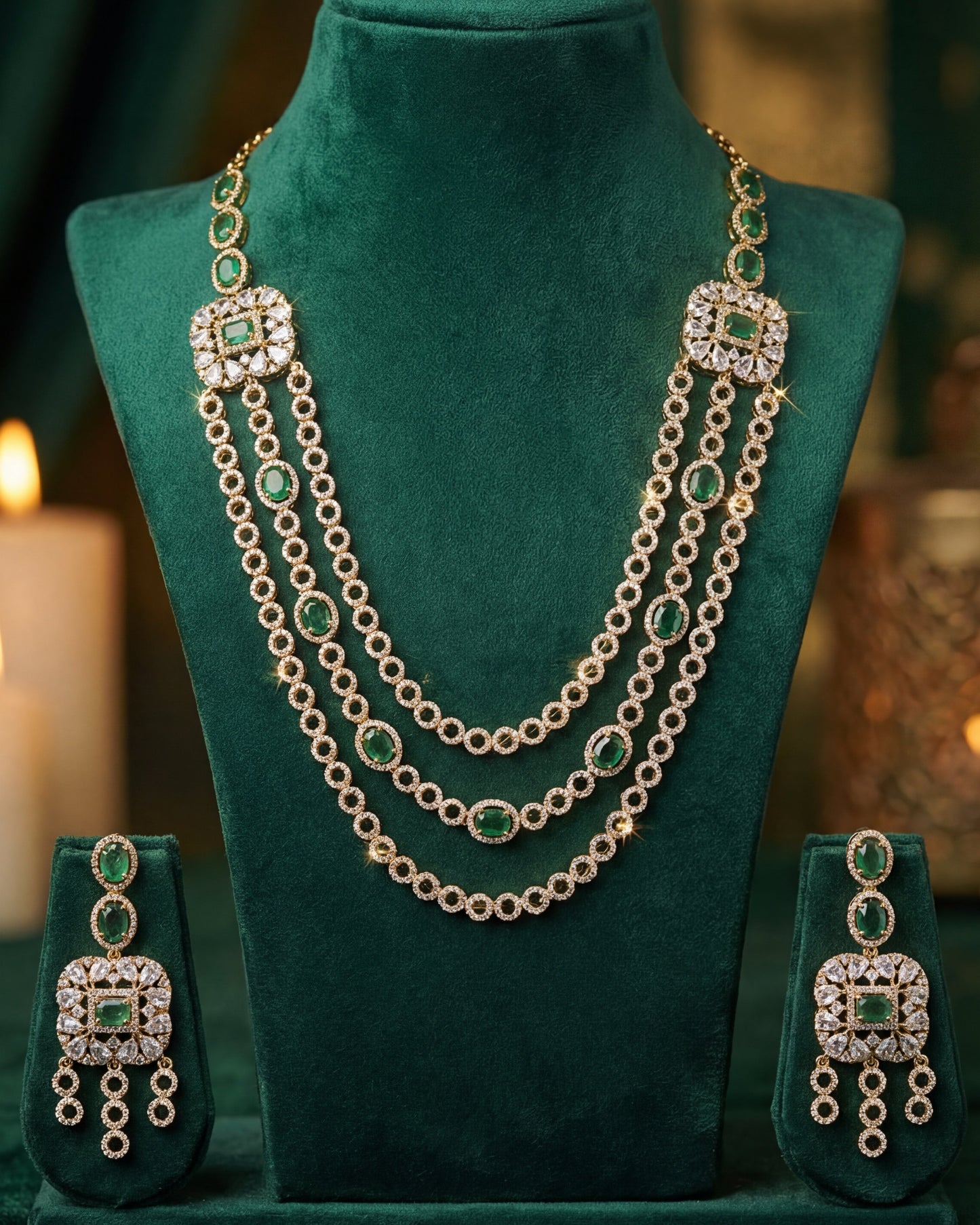 Sushmita Emerald Royal Green 3Layer Necklace Set