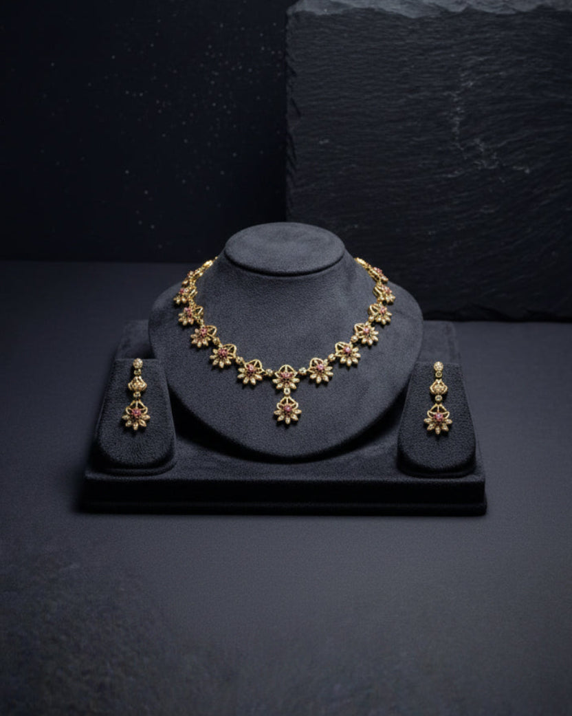 Gulzar White & Ruby CZ Floral Golden Necklace