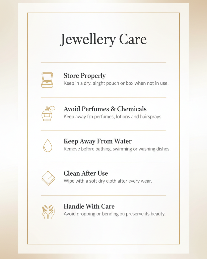 A decorative Jewellery Care poster with ornate gold borders on a dark navy background, featuring gold and white text with icons for proper storage, avoiding perfumes and chemicals, keeping away from water, cleaning after use, and handling with care.
