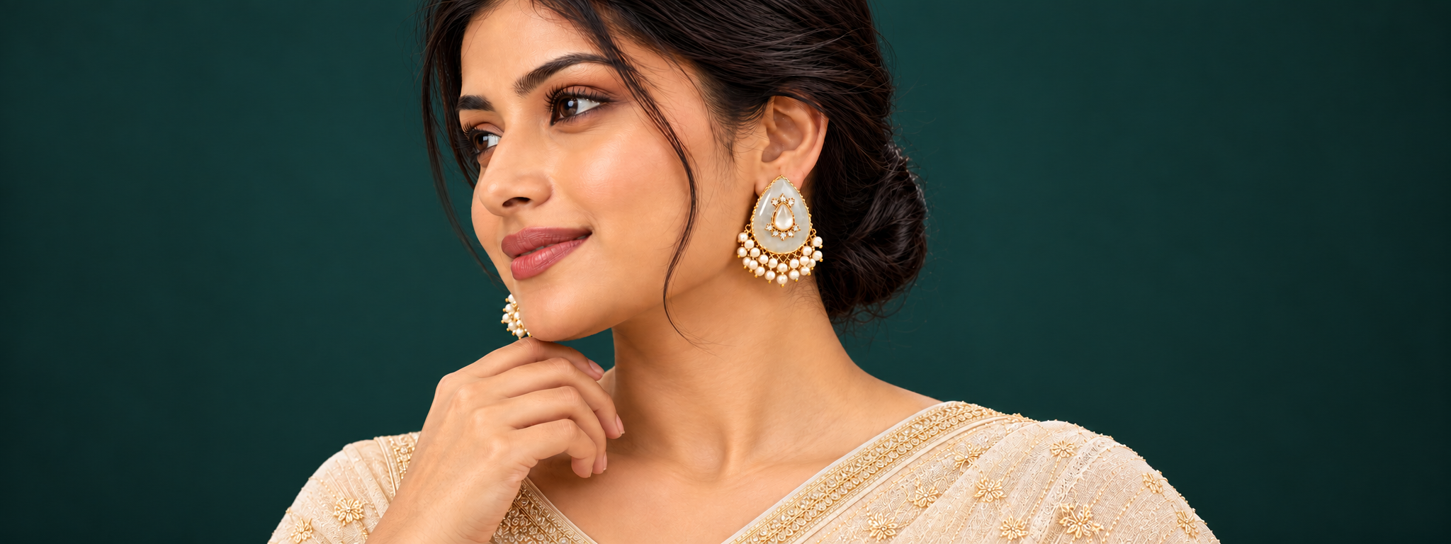 Woman wearing pearl drop earrings with a cream saree