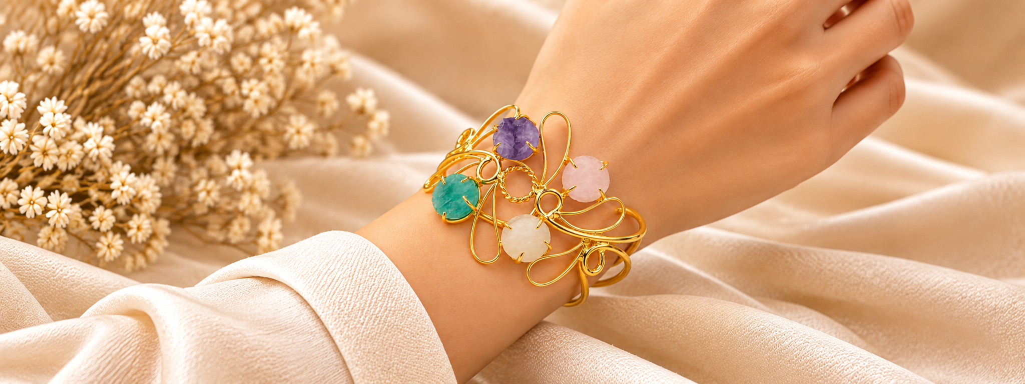 Gold gemstone cuff bangle worn on the wrist, on cream satin