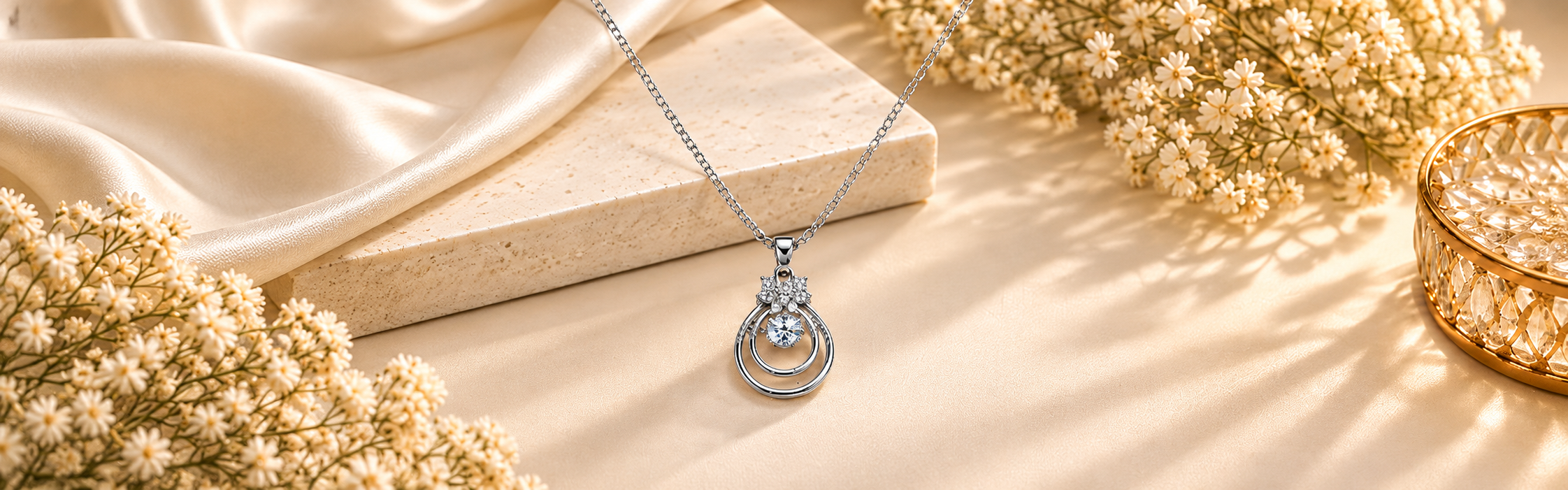 Silver-toned pendant necklace with a clear stone on cream satin with dried white flowers