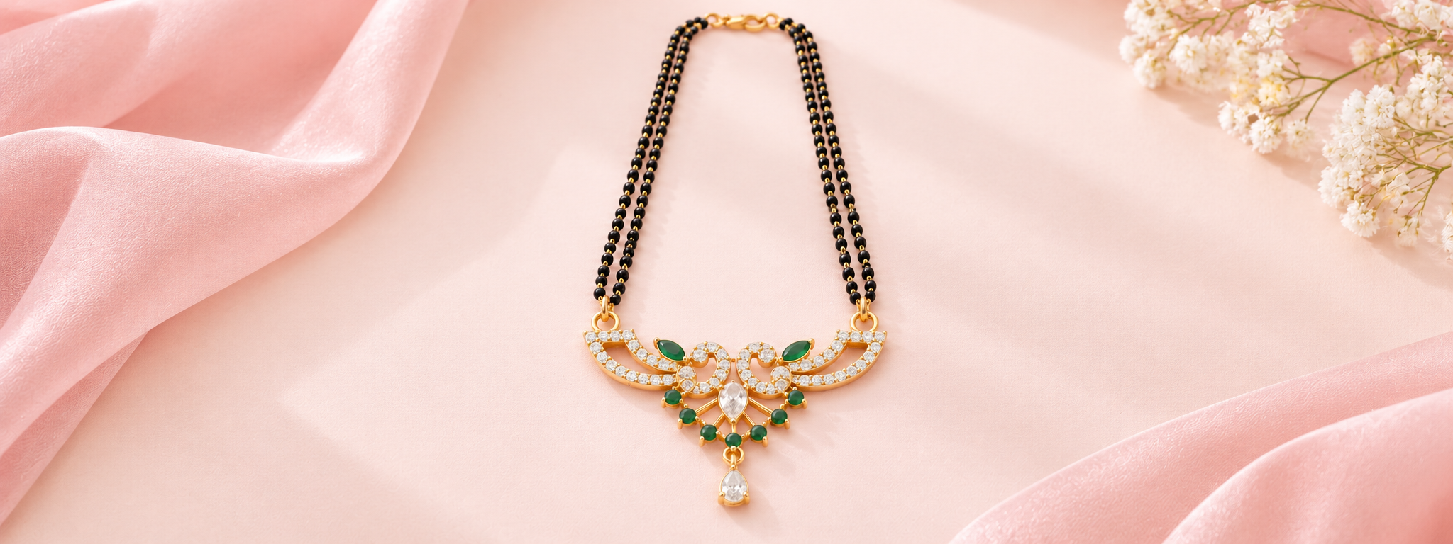 Black bead mangalsutra with a gold, white and green stone pendant on pink silk