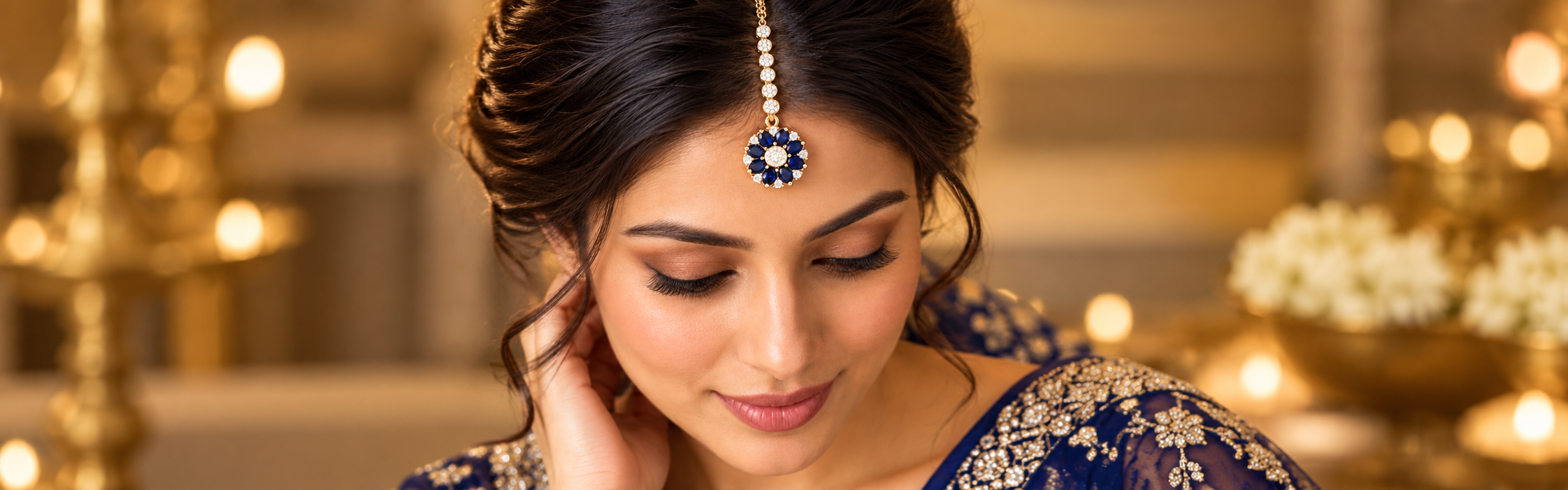 Bride wearing a navy and white stone maang tikka with a navy and gold saree