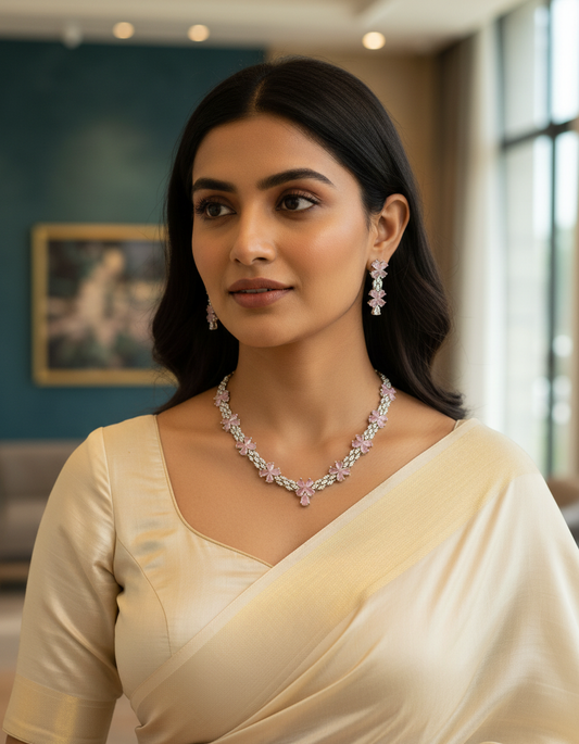 Alvira CZ Pink& White Party Wear Rhodium_Plated Necklace