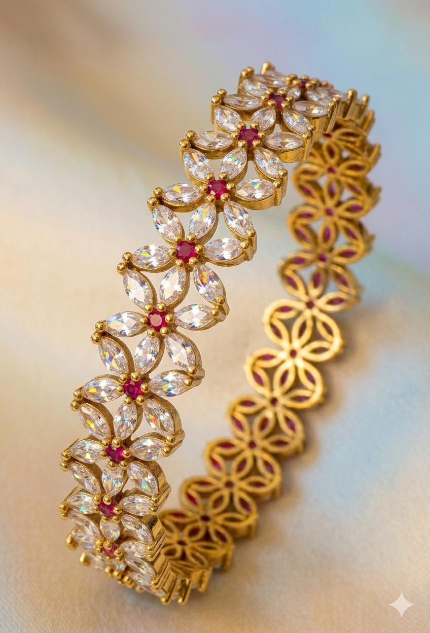 Floral CZ Ruby & Green Bangles