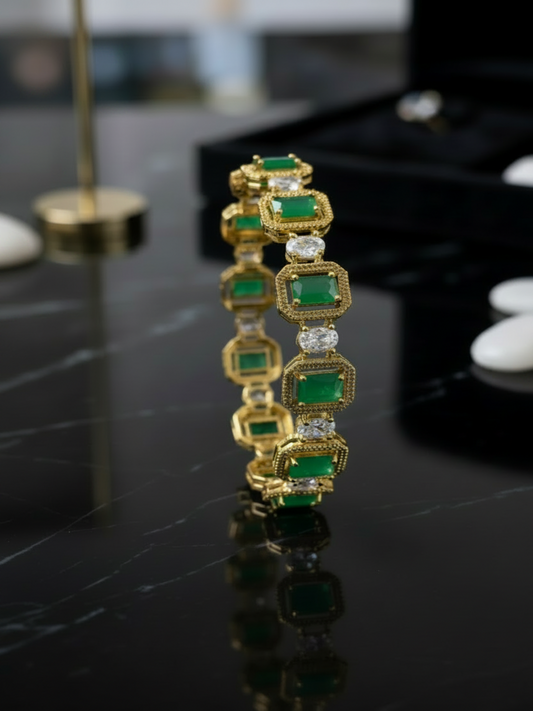 Victorian AD Green Stone Bangle with Antique Gold Finish - GemofU Jewelry.