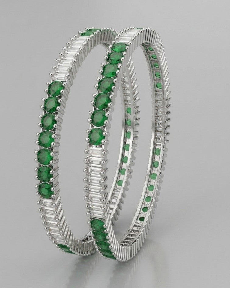 Gemof U .AD emerald  And White stones studded Rhodium plated Bangles