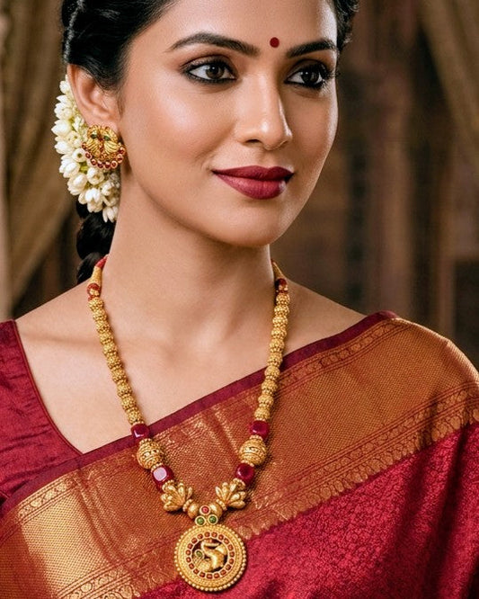 Antique Gold Temple Necklace with Lakshmi Motif Pendant