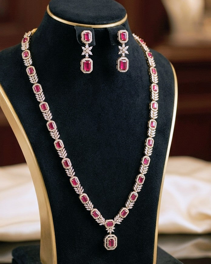 Red CZ Stone Premium Party Wear Necklace Set