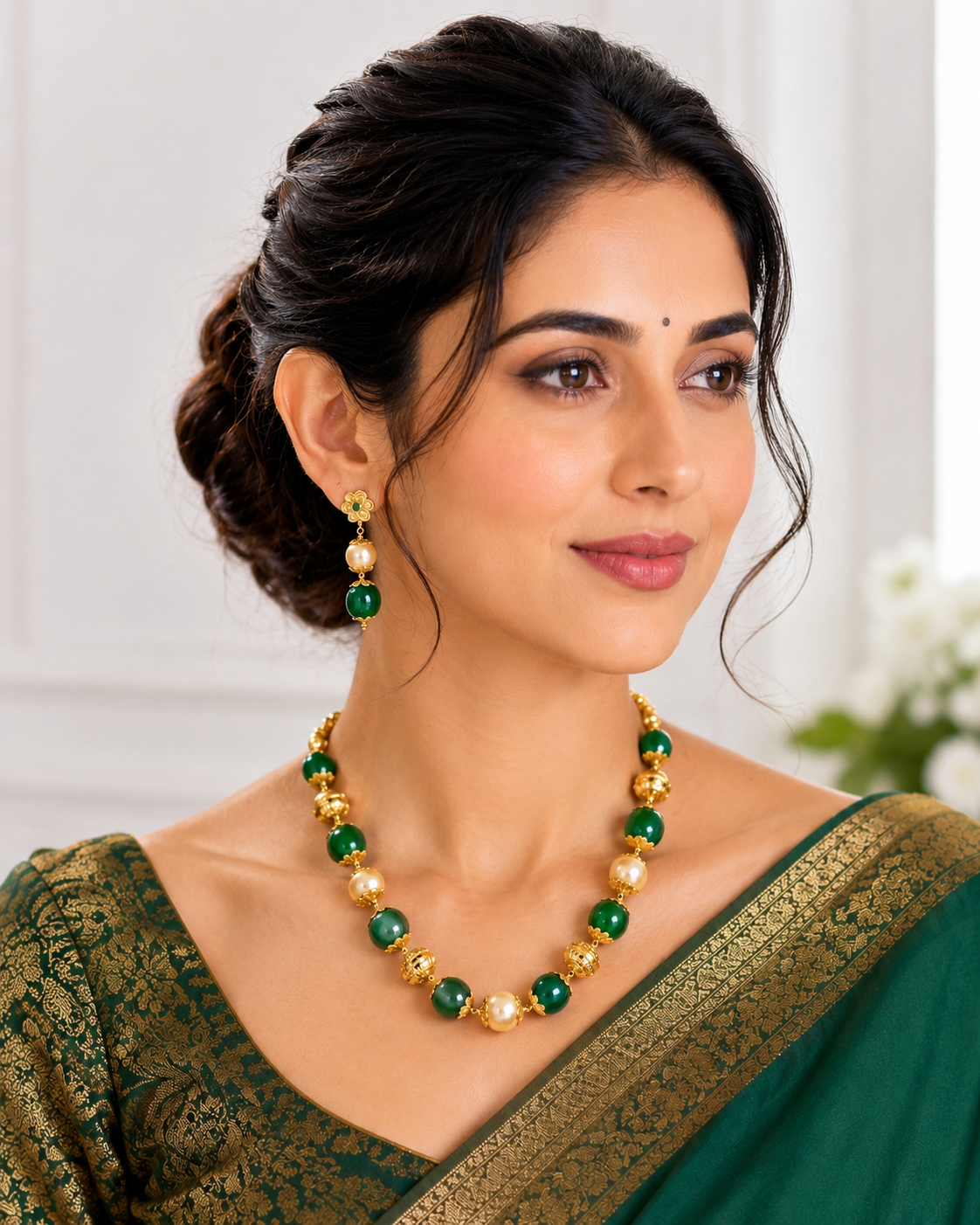 Woman wearing a green saree with gold border and green and gold necklace and earrings.