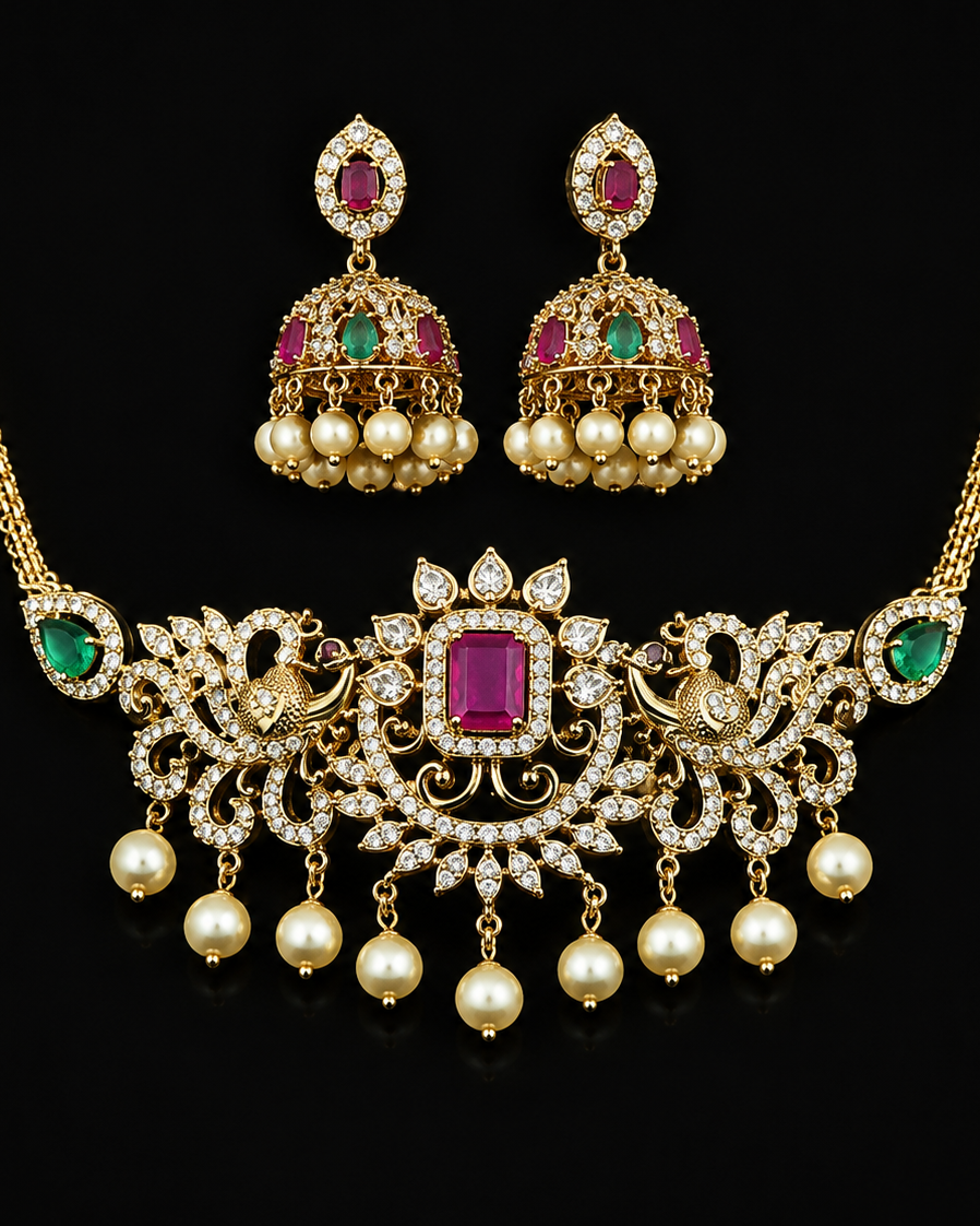 Ornate necklace and earrings set with gemstones on a black background