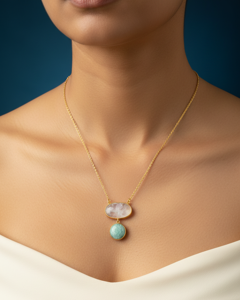 Dual Layer Stone Drop Pendant Necklace
