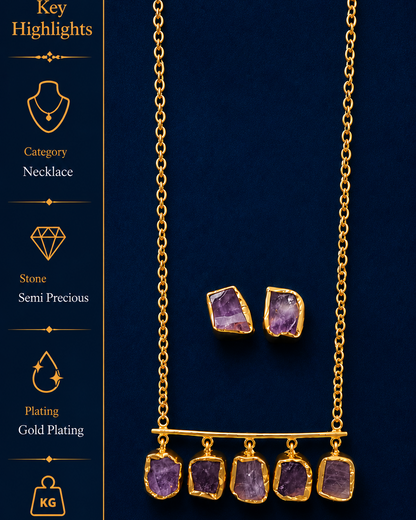 Gold necklace with purple stones on a dark blue background