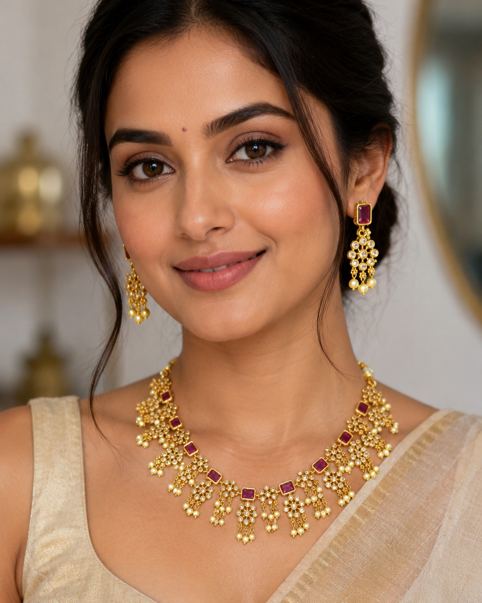 Antique Ruby& Pearl CZ Necklace Set