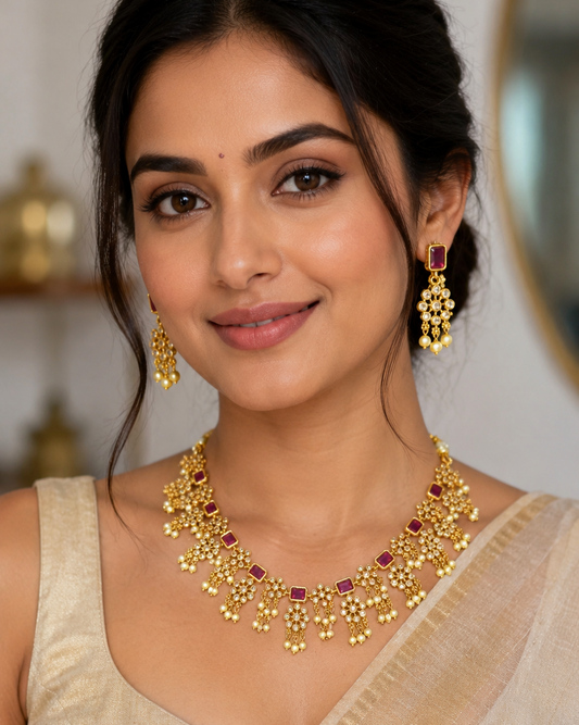 Antique Ruby& Pearl CZ Necklace Set