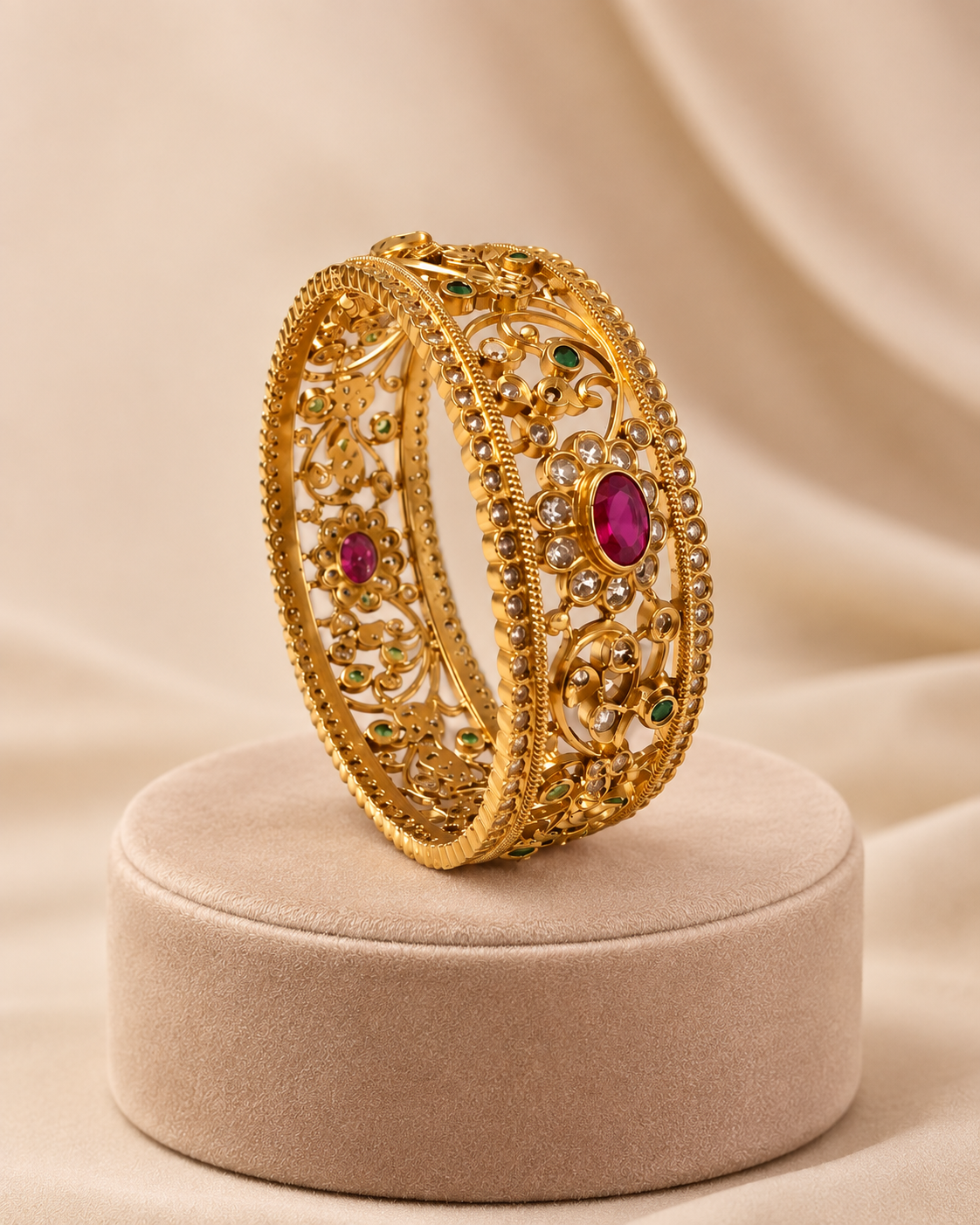 Antique Premium Bridal Ruby Floral Matte Bangle
