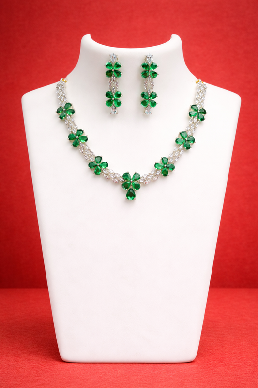 Alvira CZ Emerald & White Party Wear Rhodium Plated Necklace