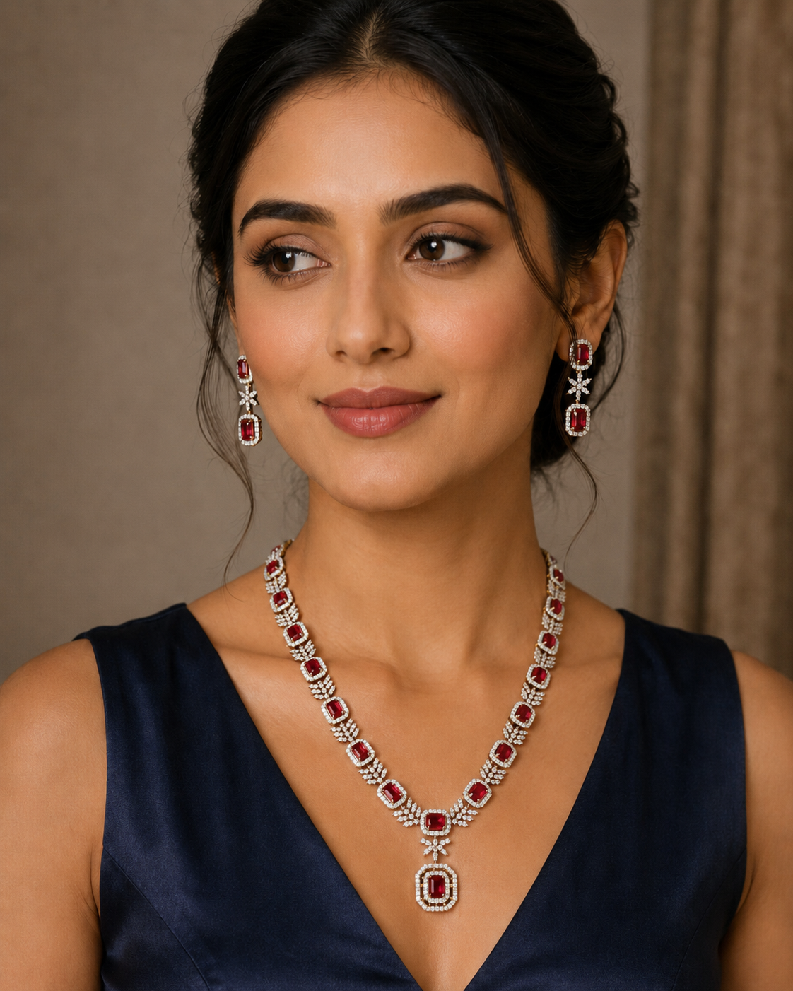 Red CZ Stone Premium Party Wear Necklace Set