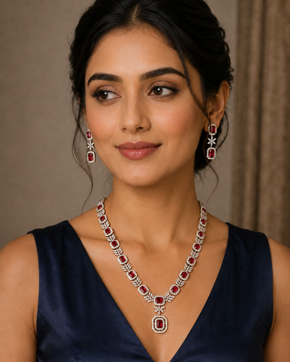 Red CZ Stone Premium Party Wear Necklace Set