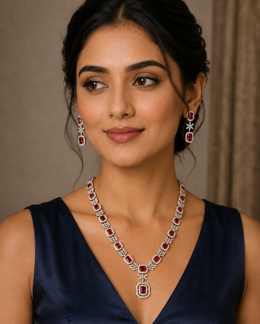 Red CZ Stone Premium Party Wear Necklace Set