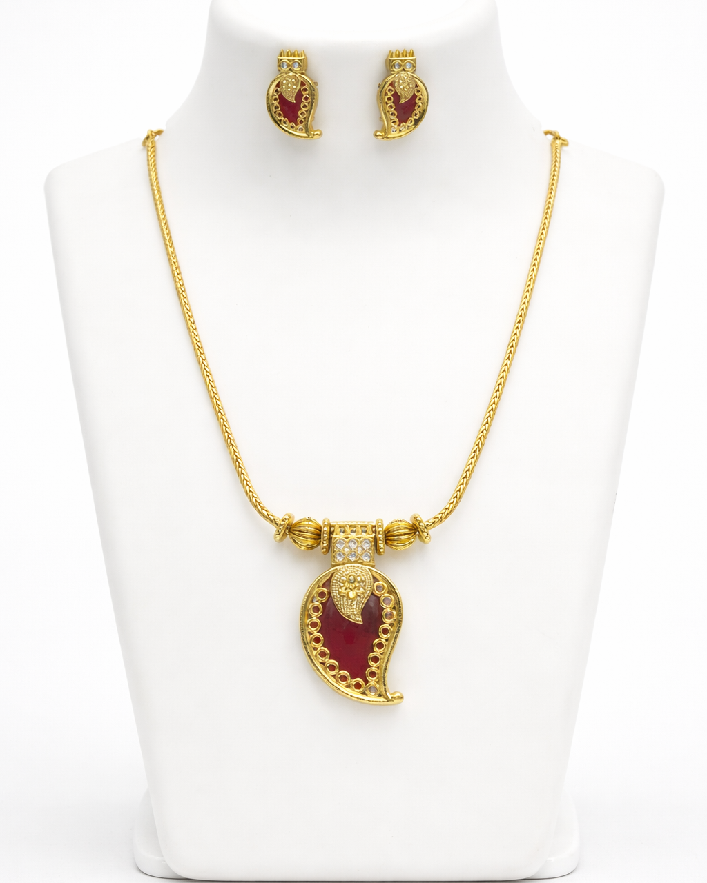 Traditional Red Mango Malai Addigai Necklace Set