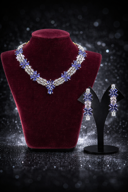 Alvira Trendy CZ Blue & White Party Wear  White- Plated Necklace