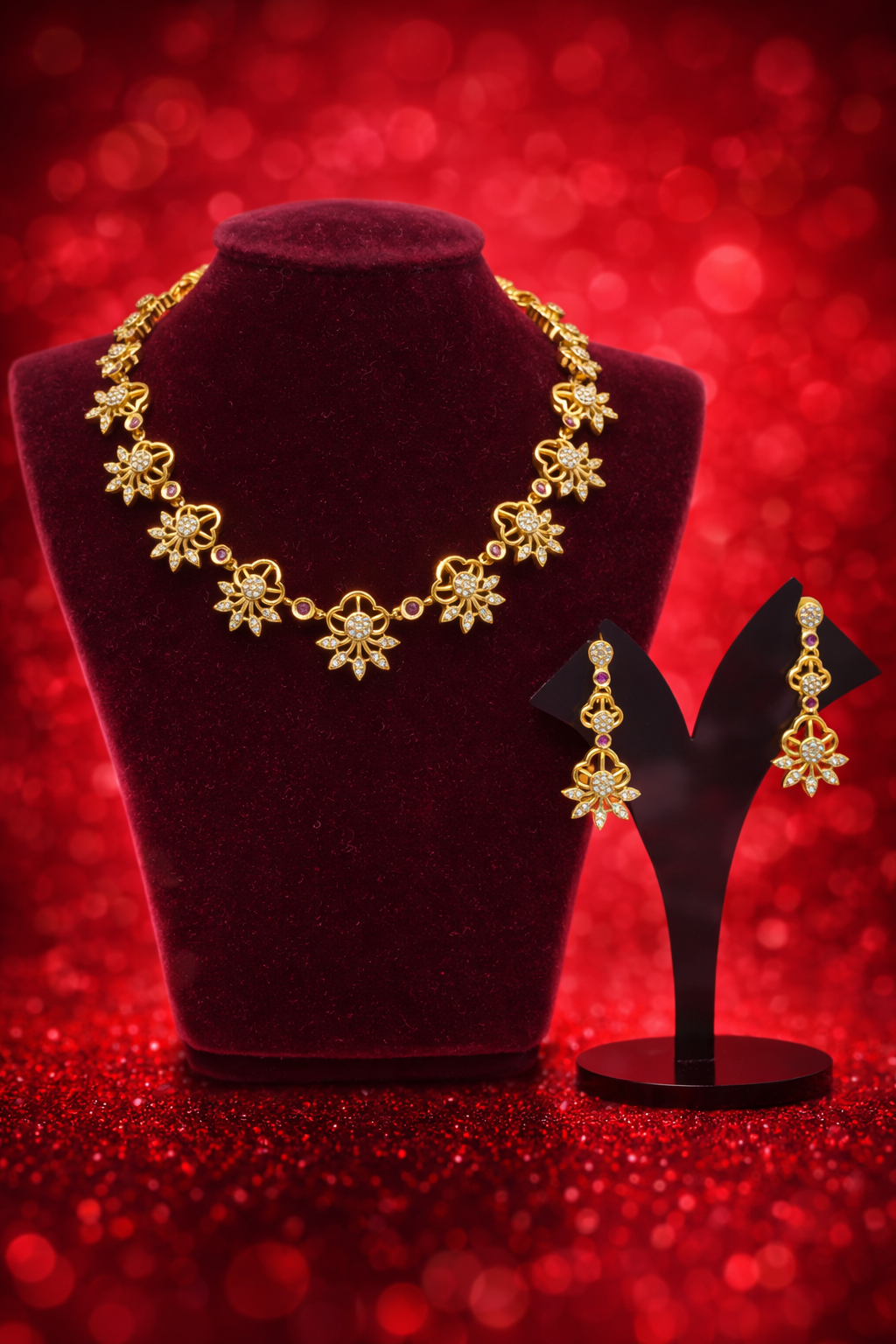 Gulzar White stone Floral Golden Necklace