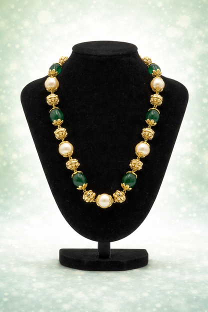 Bhuvana Antique Green & Gold  Gundu Necklace