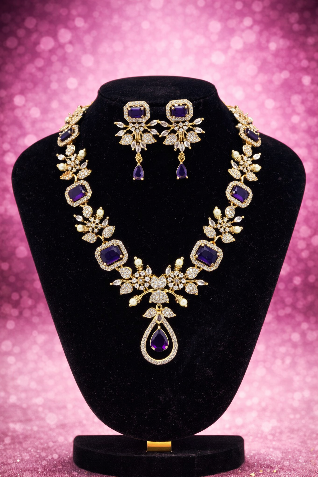 Rivana AD Blue Saphire Stone Necklace Set