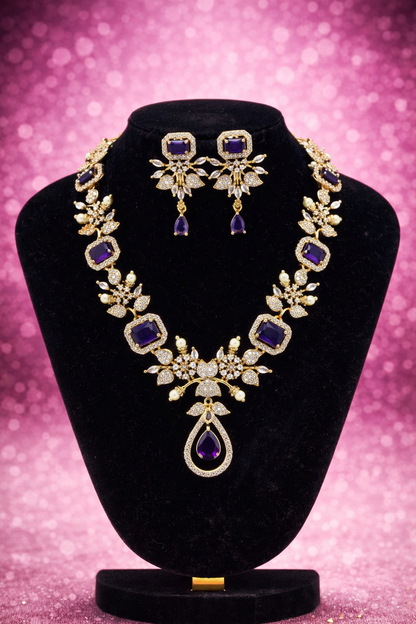 Rivana AD Blue Saphire Stone Necklace Set