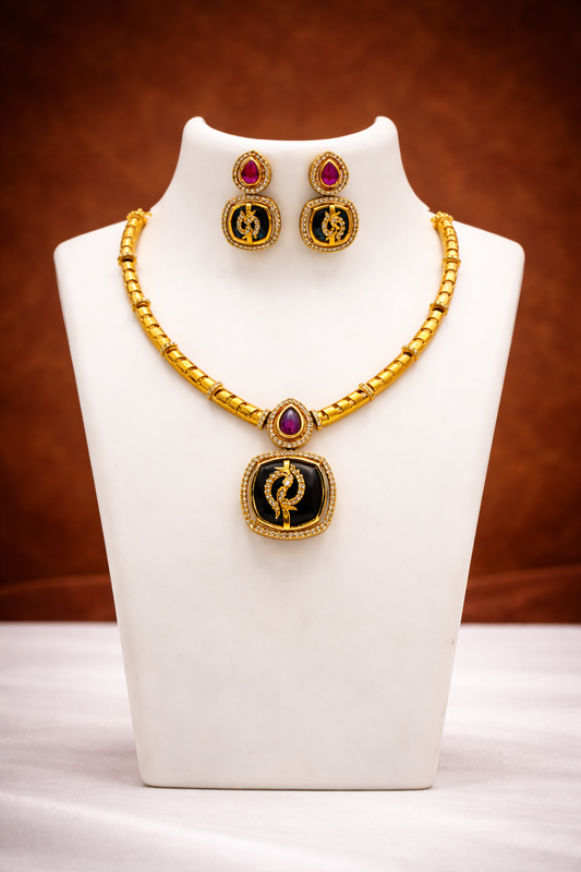 Aadhya  Blue & Ruby Stone Pendant Premium Necklace Set