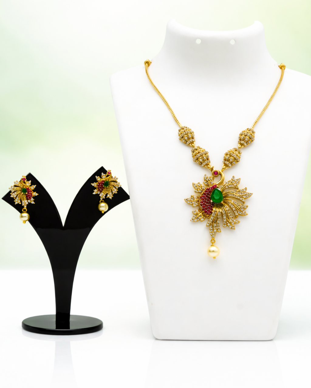 Swati Leaf Green & Red Pendant Necklace