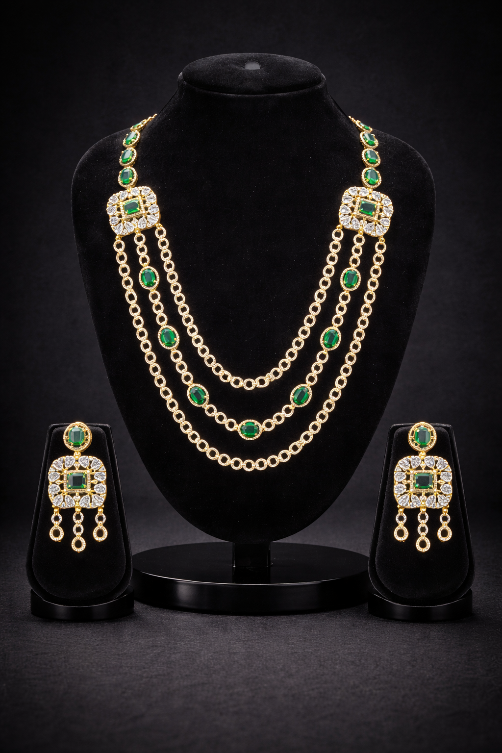 Sushmita Emerald Royal Green 3Layer Necklace Set