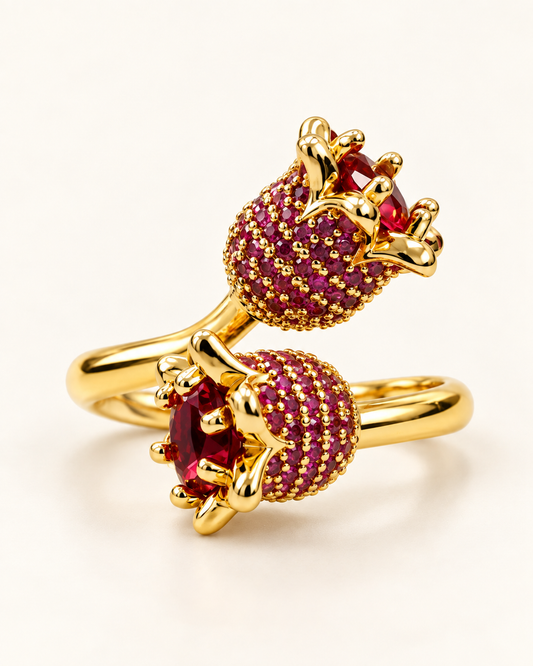Crimson Bloom Twin-Cluster Ring