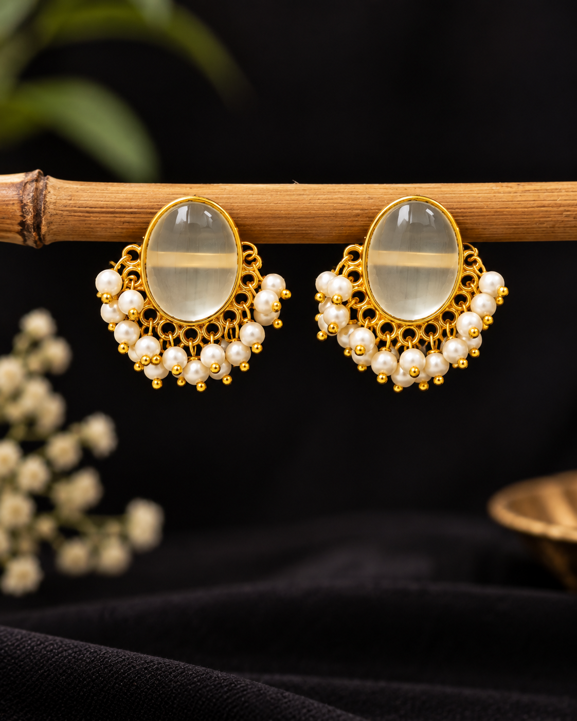 Oval Cabochon Pearl-Fringe Stud Earrings